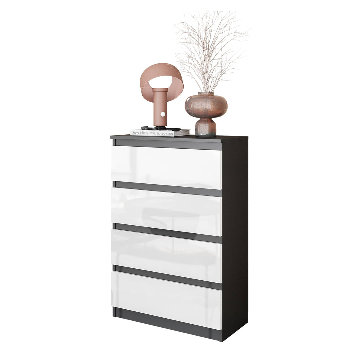 JOEL Dressoir / Sideboard met 4 Laden – Wit Mat / Antraciet, MFC, H92 × B60 × D33 cm