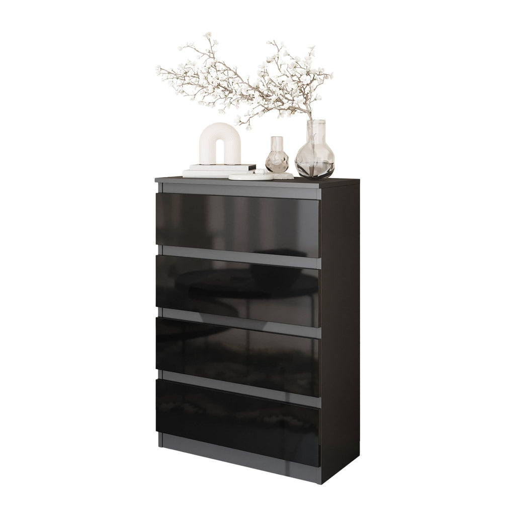 VINCENT Dressoir / Sideboard met 4 Laden – Antraciet / Zwart Hoogglans, MFC, H92 × B60 × D33 cm
