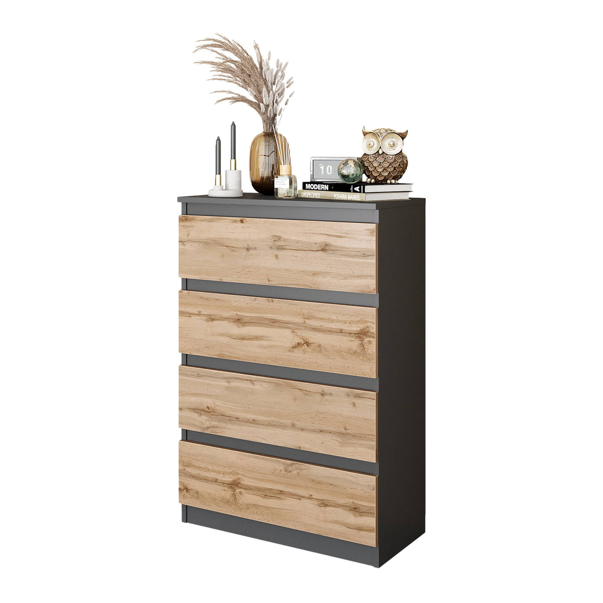 JILMER Ladekast 60 x 92 x 33 cm – Dressoir met 4 Lades, Antracietgrijs & Wotan Eiken, MFC