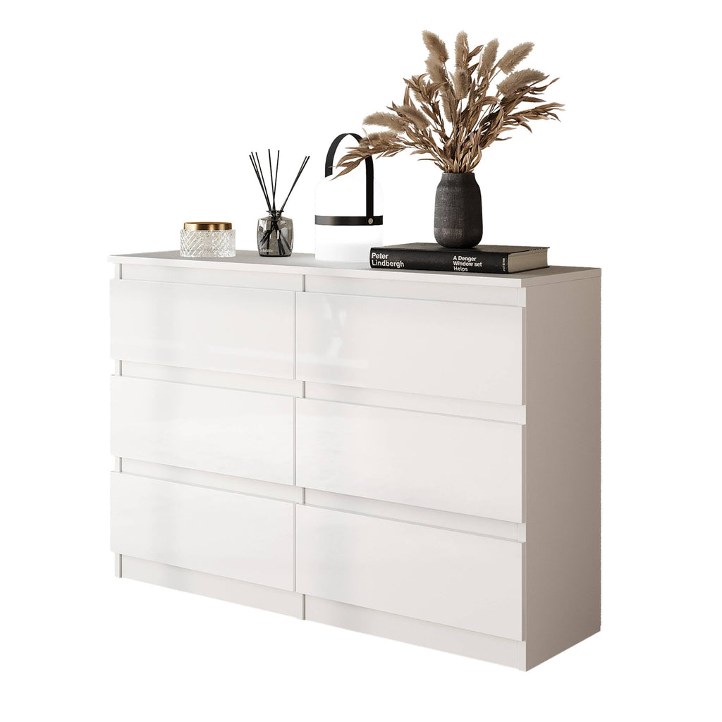 CORNELIS Ladekast 100 x 71 x 33 cm – Dressoir met 6 Lades, Mat Wit & Hoogglans Wit, MFC