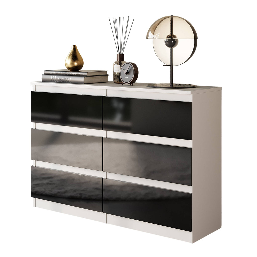 ALWIN Ladekast 100 x 71 x 33 cm – Dressoir met 6 Lades, Mat Wit & Hoogglans Zwart, MFC