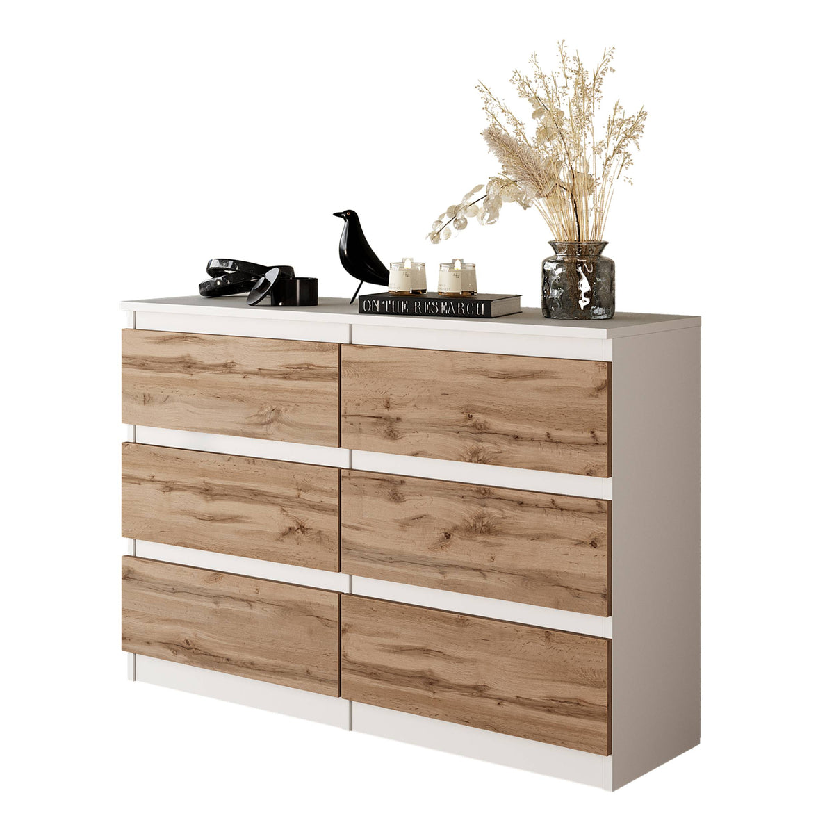 BASTIAN Ladekast 100 x 71 x 33 cm – Dressoir met 6 Laden, Mat Wit & Wotan Eiken, Modern