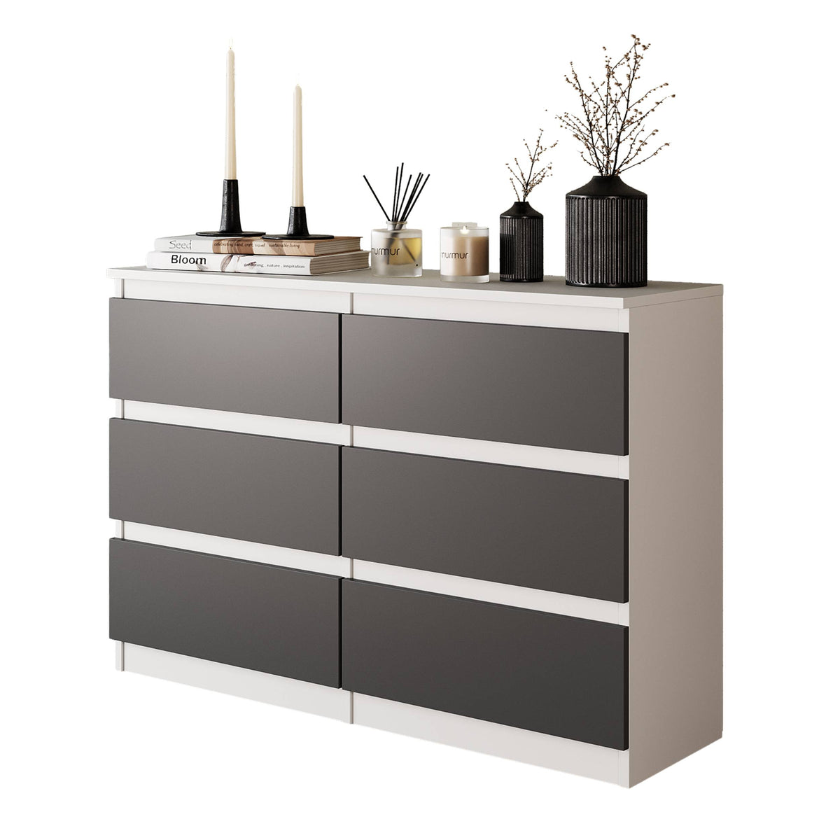 JASON Dressoir / Sideboard met 6 Laden – Wit Mat / Antraciet, MFC, H71 × B100 × D33 cm