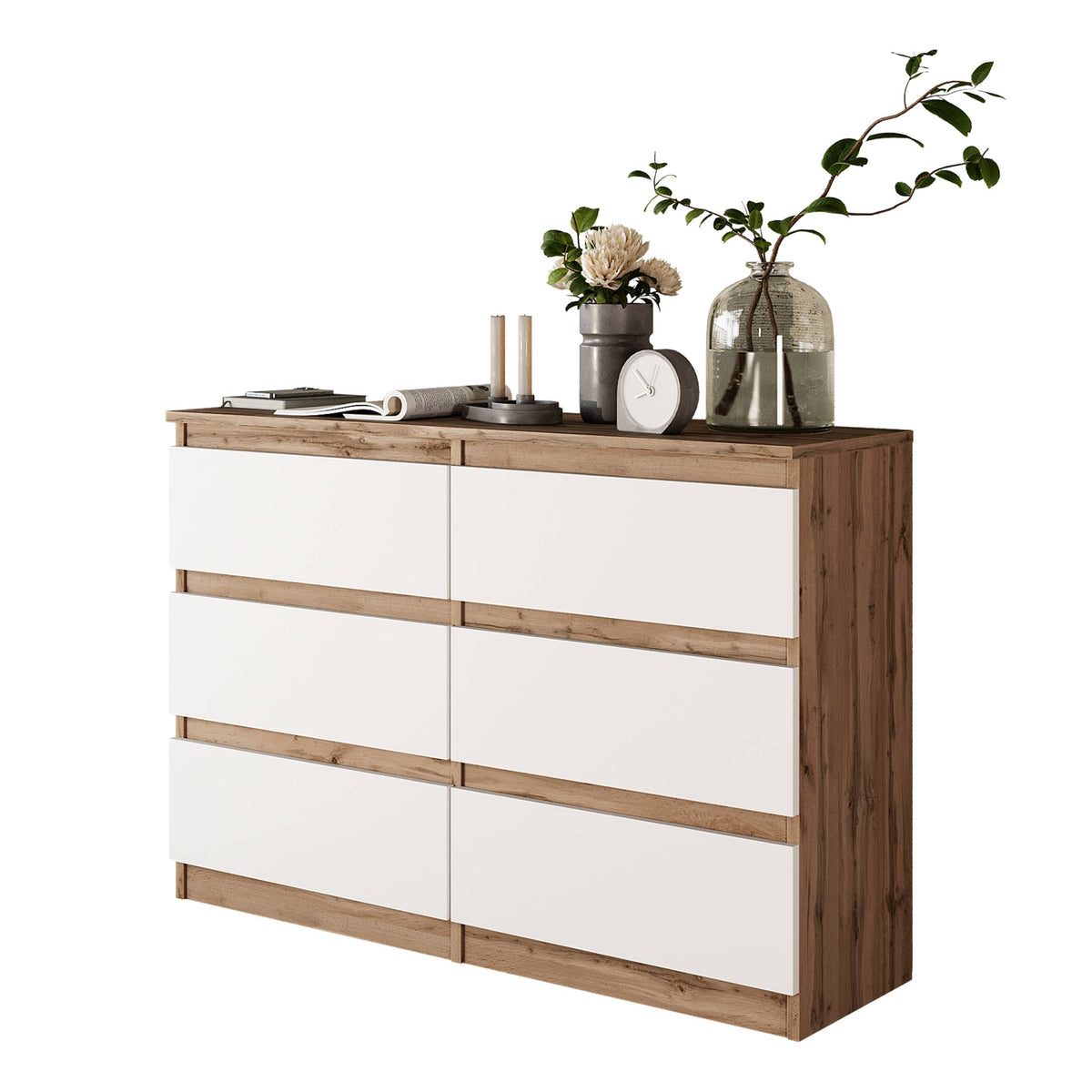 JASPER Dressoir / Sideboard met 6 Laden – Wotan Eiken / Wit Mat, MFC, H71 × B100 × D33 cm