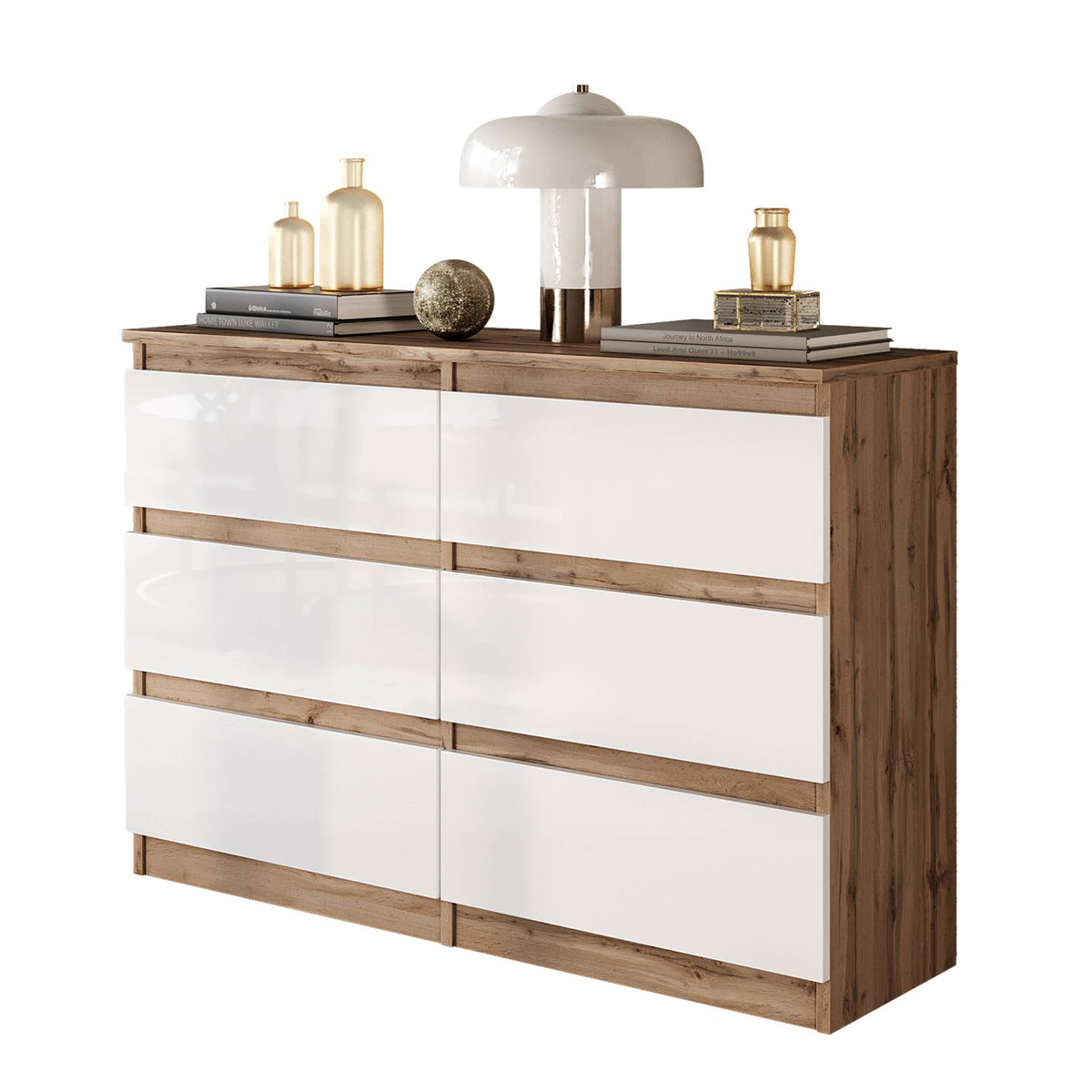 NATHAN Dressoir / Sideboard met 6 Laden – Wotan Eiken / Wit Hoogglans, MFC, H71 × B100 × D33 cm