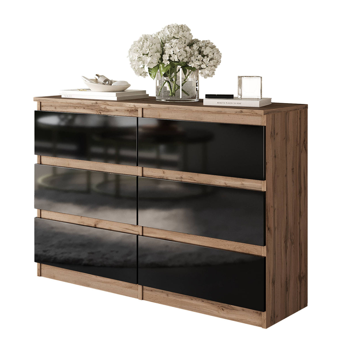SAMUEL Dressoir / Sideboard met 6 Laden – Wotan Eiken / Zwart Hoogglans, MFC, H71 × B100 × D33 cm