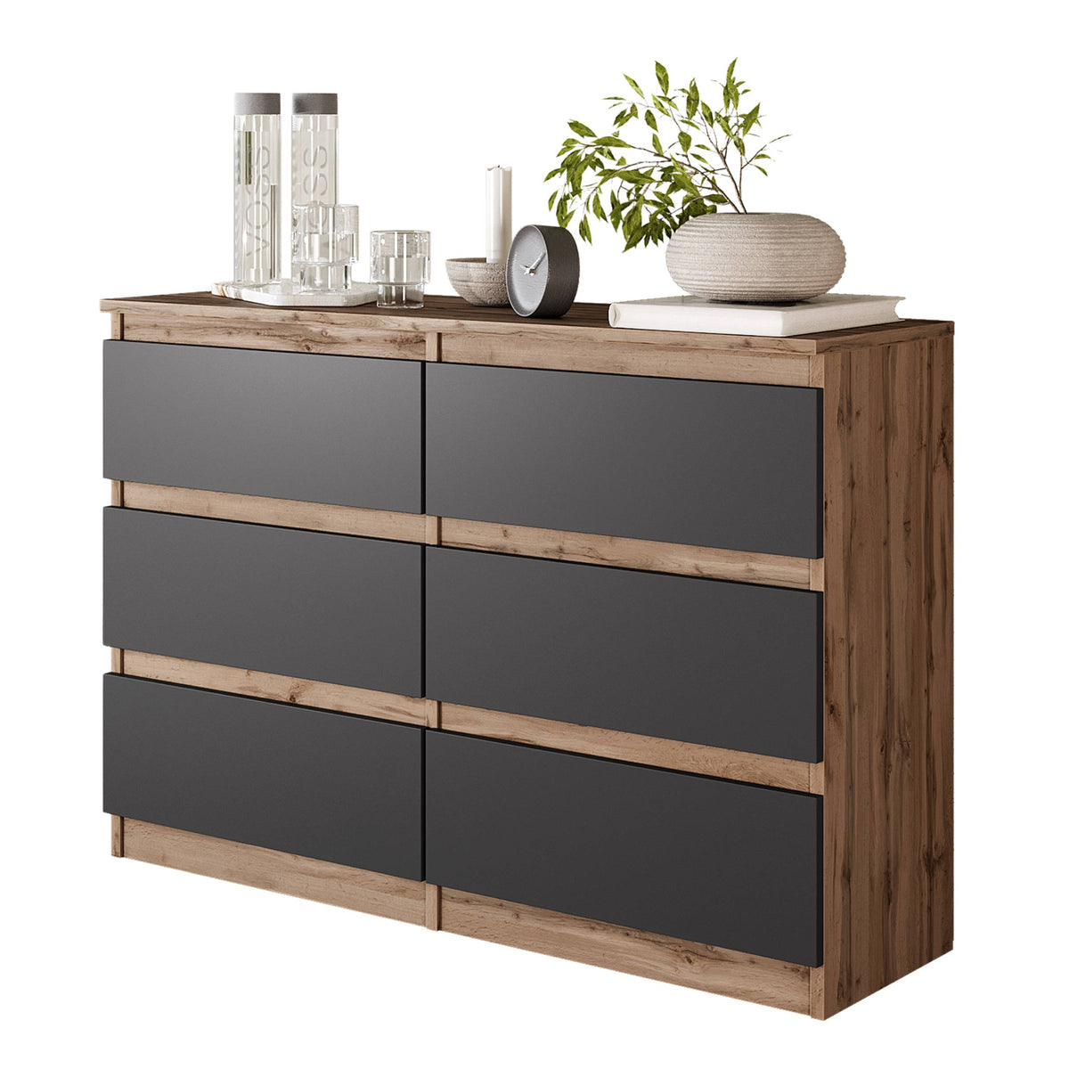 DANIEL Dressoir / Sideboard met 6 Laden – Wotan Eiken / Antraciet, MFC, H71 × B100 × D33 cm