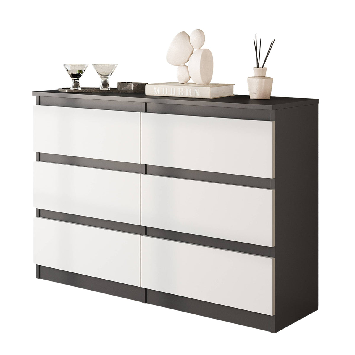 JOEL Dressoir / Sideboard met 6 Laden – Antraciet/Wit Mat, MFC, H71 × B100 × D33 cm