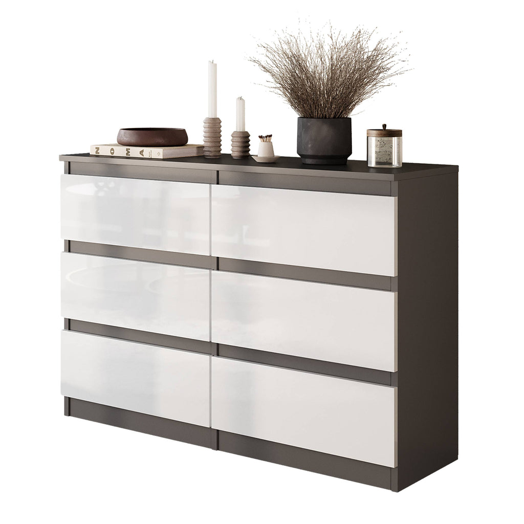 LEON Dressoir / Sideboard met 6 Laden – Antraciet/Wit Hoogglans, MFC, H71 × B100 × D33 cm