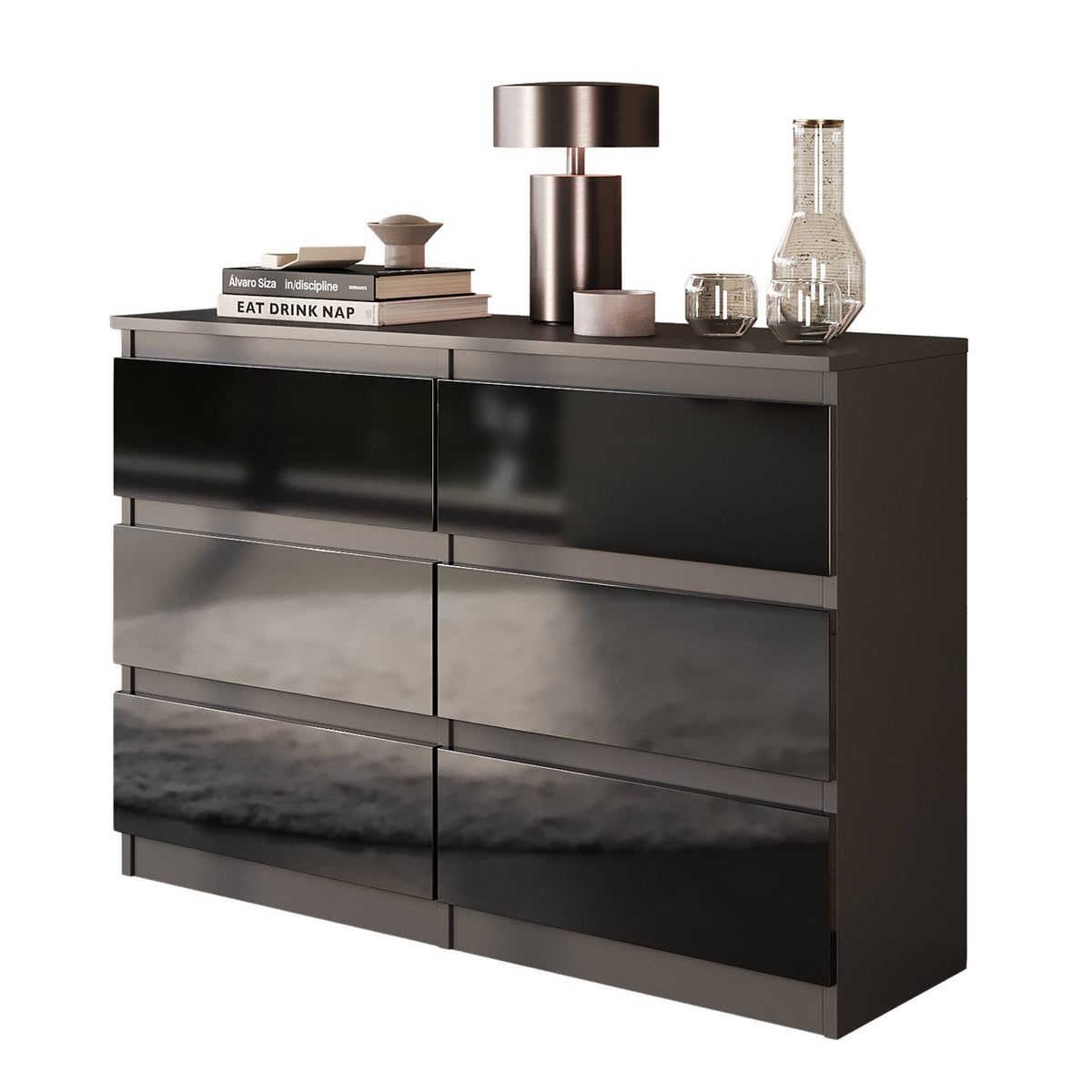 VINCENT Dressoir / Sideboard met 6 Laden – Antraciet / Zwart Hoogglans, MFC, H71 × B100 × D33 cm
