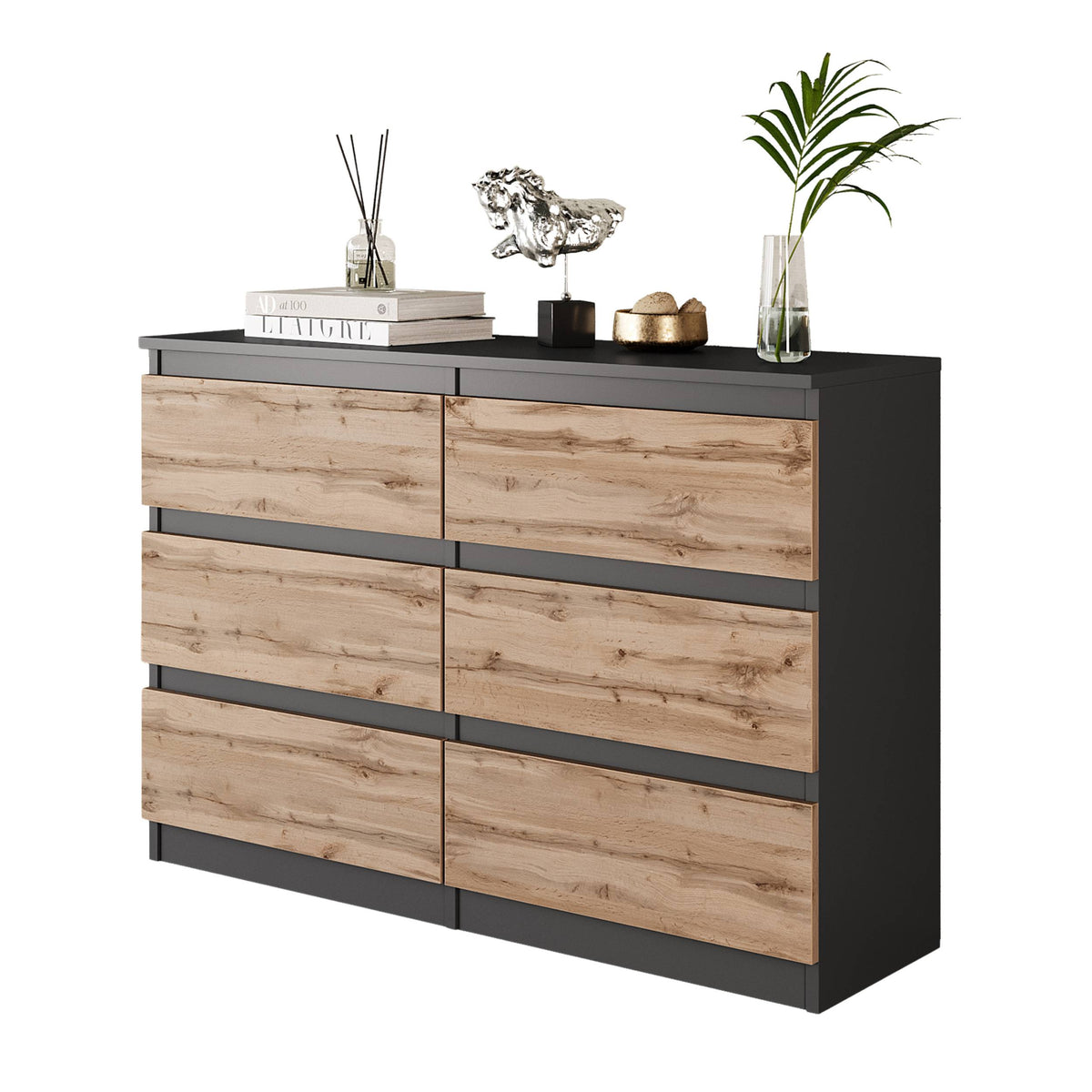 ARJEN Ladekast 100 x 71 x 33 cm – Dressoir met 6 Lades, Antraciet & Wotan Eiken, MFC Opbergkast