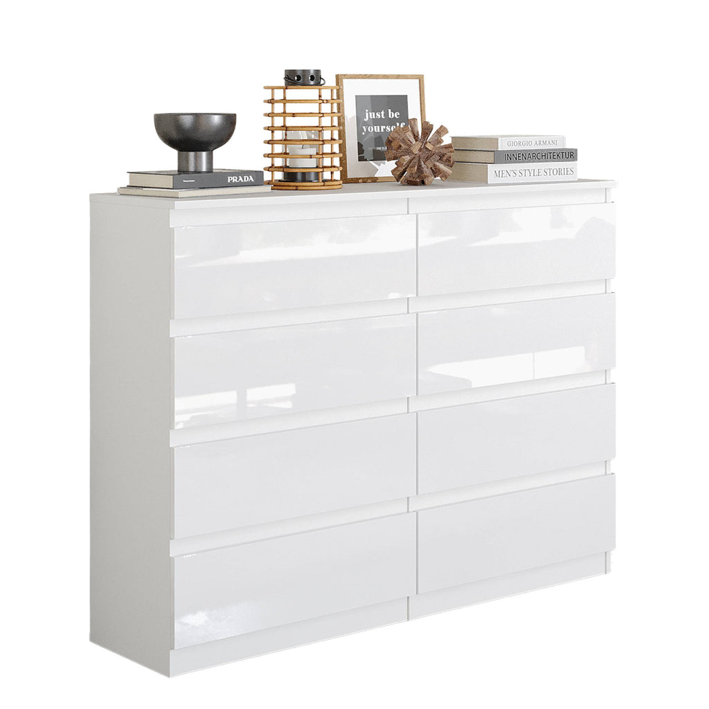 WILLEM Ladekast 120 x 92 x 33 cm – Dressoir met 8 Lades, Hoogglans Wit, MFC Opbergkast