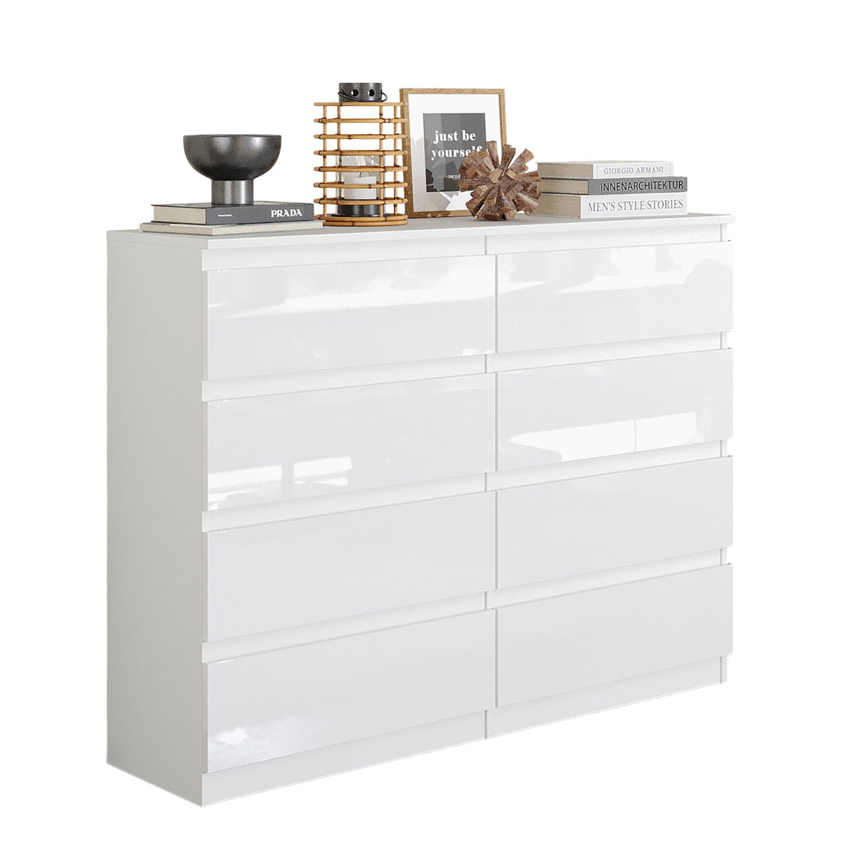 WILLEM Ladekast 120 x 92 x 33 cm – Dressoir met 8 Lades, Hoogglans Wit, MFC Opbergkast