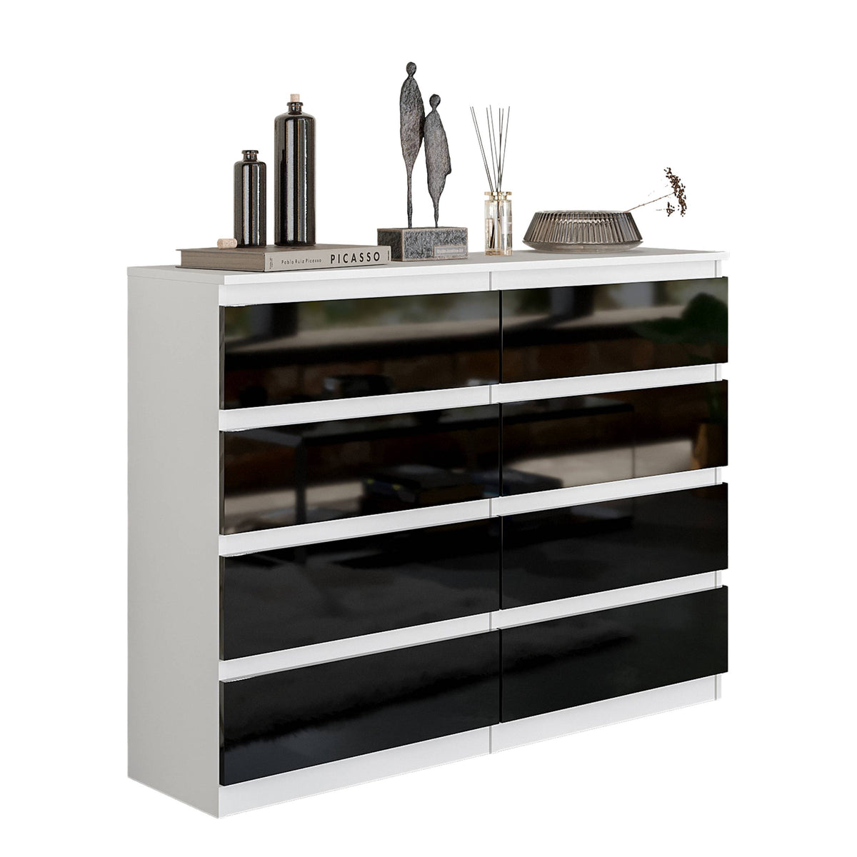 KESTER Ladekast 120 x 92 x 33 cm – Dressoir met 8 Lades, Mat Wit & Hoogglans Zwart, MFC