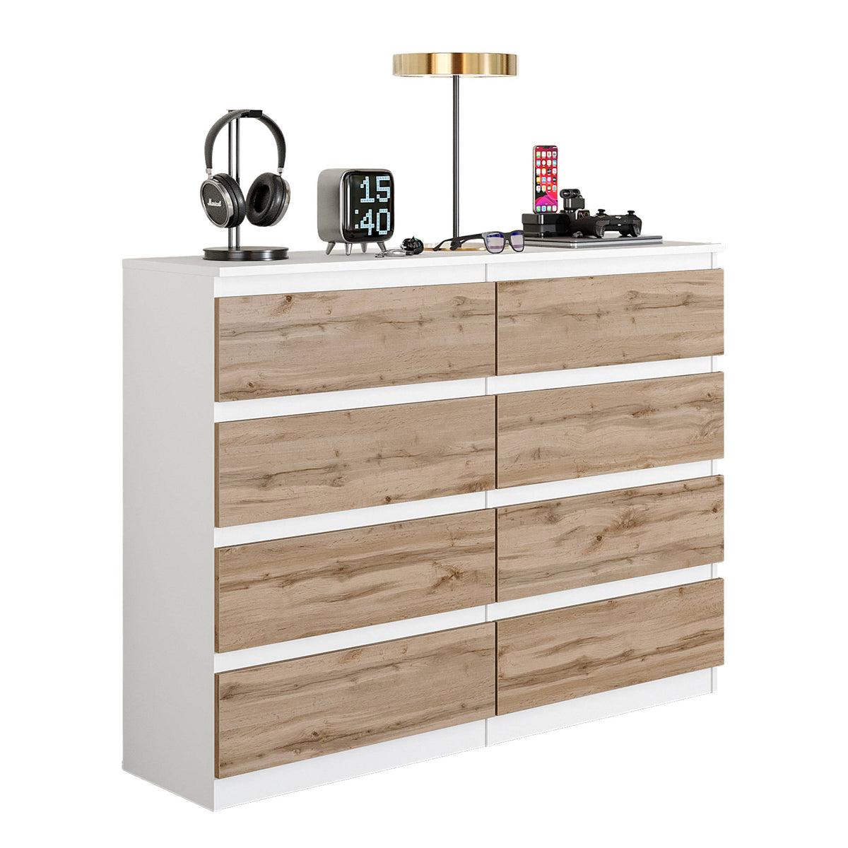 BASTIAN Ladekast 120x92x33 cm – Dressoir met 8 Lades, Mat Wit & Wotan Eiken, MFC