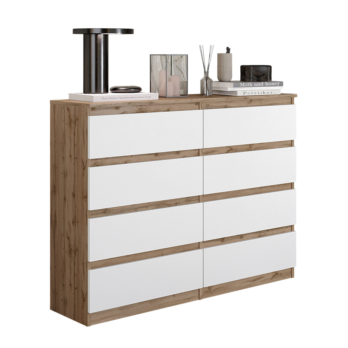 JASPER Dressoir / Sideboard met 8 Laden – Wotan Eiken / Wit Mat, MFC, H92 × B120 × D33 cm