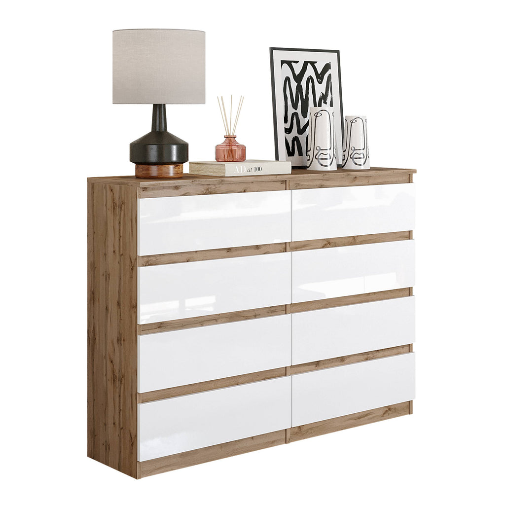 NATHAN Dressoir / Sideboard met 8 Laden – Wotan Eiken / Wit Hoogglans, MFC, H92 × B120 × D33 cm
