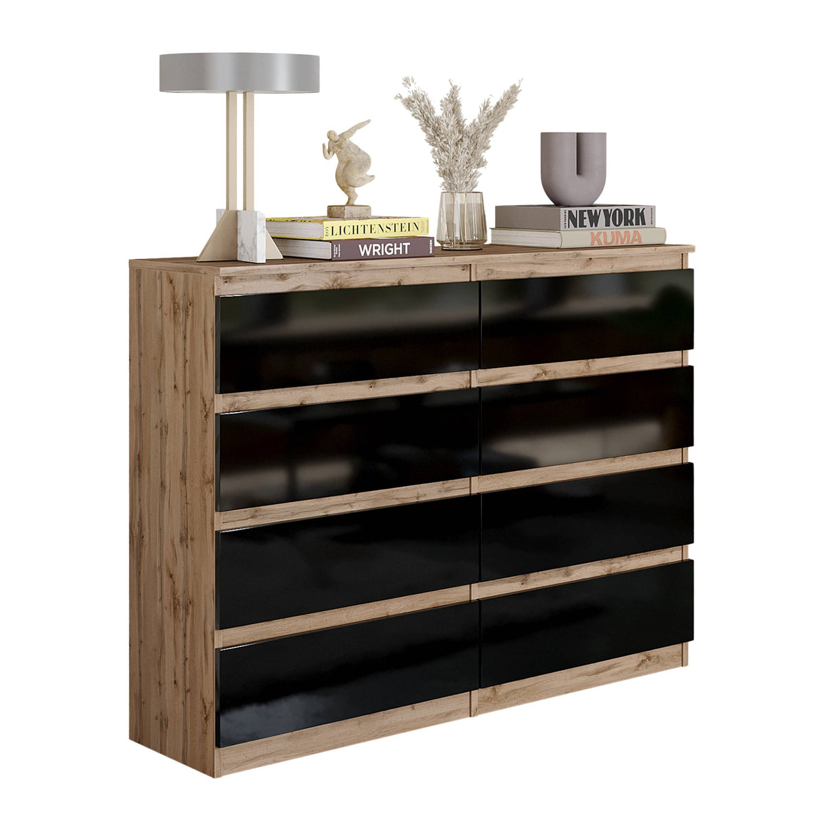 SAMUEL Dressoir / Sideboard met 8 Laden – Wotan Eiken / Zwart Hoogglans, MFC, H92 × B120 × D33 cm