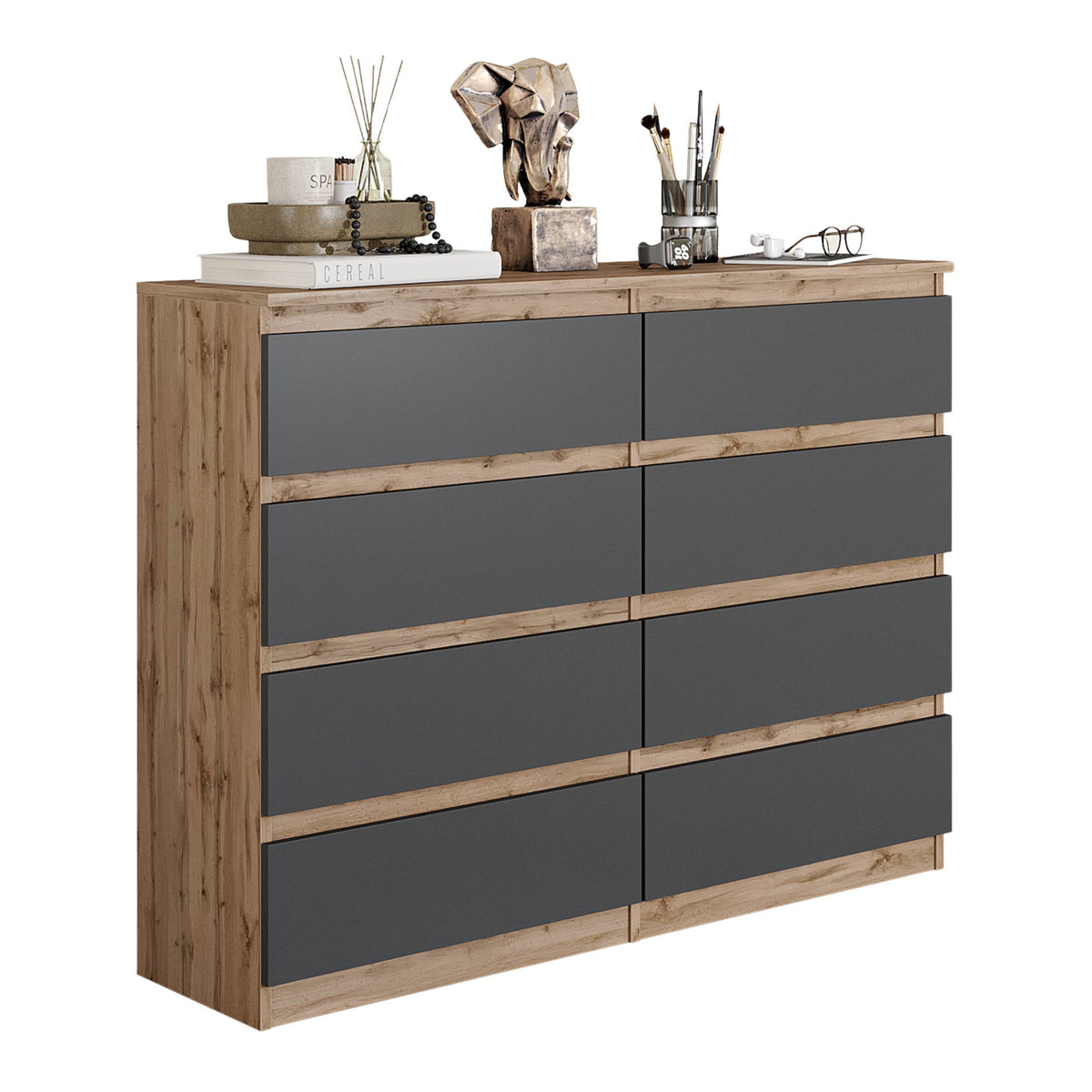 DANIEL Dressoir / Sideboard met 8 Laden – Wotan Eiken / Antraciet, MFC, H92 × B120 × D33 cm