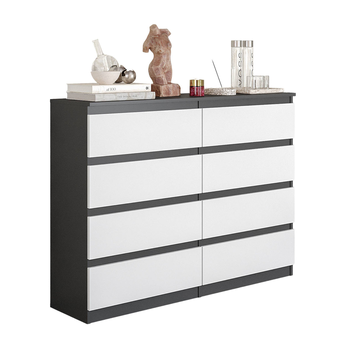 JOEL Dressoir / Sideboard met 8 Laden – Antraciet/Wit Mat, MFC, H92 × B120 × D33 cm