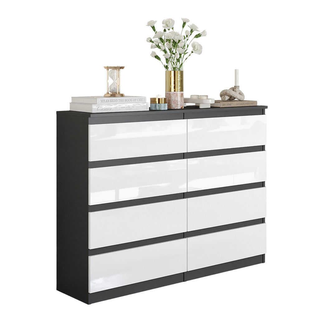 LEON Dressoir / Sideboard met 8 Laden – Antraciet/Wit Hoogglans, MFC, H92 × B120 × D33 cm