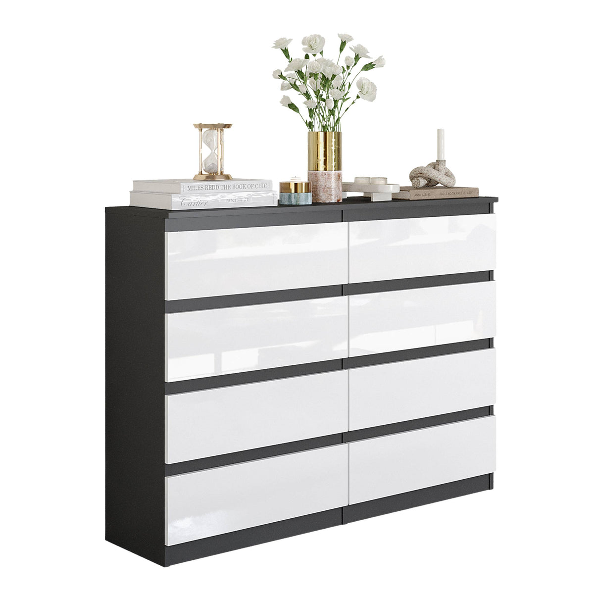 LEON Dressoir / Sideboard met 8 Laden – Antraciet/Wit Hoogglans, MFC, H92 × B120 × D33 cm