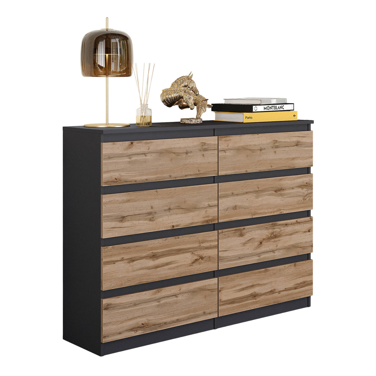 ARJEN Ladekast 120 x 92 x 33 cm – Dressoir met 8 Lades, Antracietgrijs & Wotan Eiken, MFC