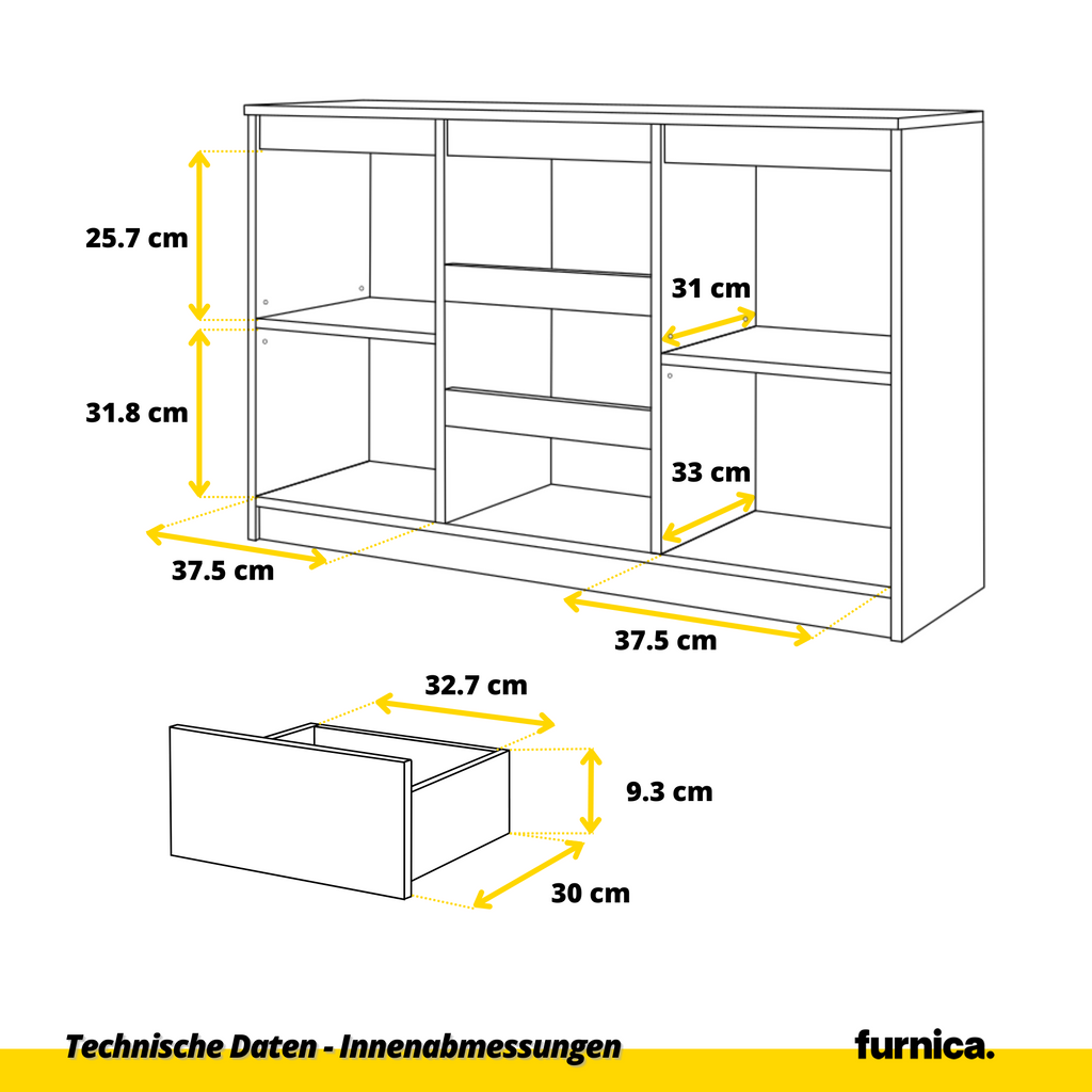CONRAD Dressoir 120 x 75 x 35 cm – Sideboard met 2 Deuren & 3 Laden, Wotan Eiken & Mat Wit, Opbergkast