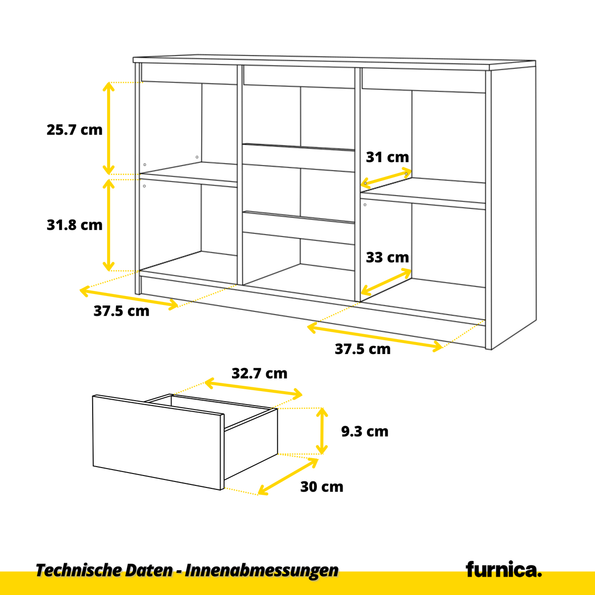EVERT Dressoir 120 x 75 x 35 cm – Sideboard met 2 Deuren & 3 Laden, Wotan Eiken & Antracietgrijs, Opbergkast