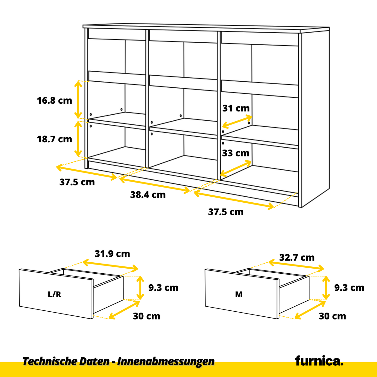 KAREL Dressoir 120 x 75 x 35 cm – Sideboard met 3 Deuren & 3 Laden, Antracietgrijs & Mat Wit, Opbergkast