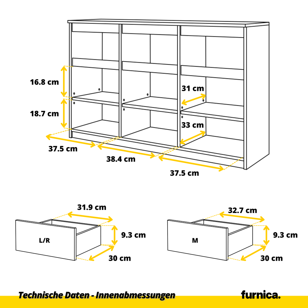 BRAM Dressoir 120 x 75 x 35 cm – 3 Deuren & 3 Lades, Wotan Eiken & Antracietgrijs
