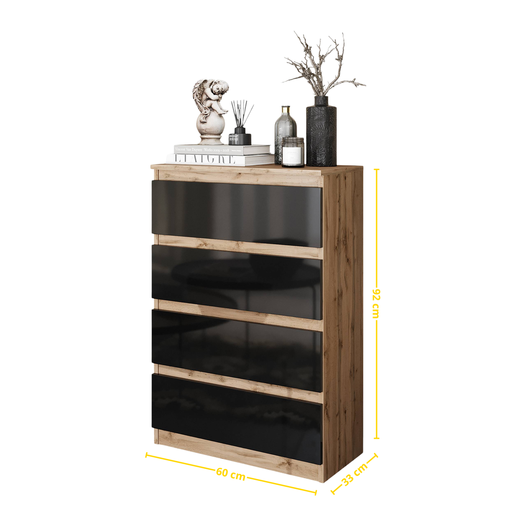 SAMUEL Dressoir / Sideboard met 4 Laden – Wotan Eiken / Zwart Hoogglans, MFC, H92 × B60 × D33 cm