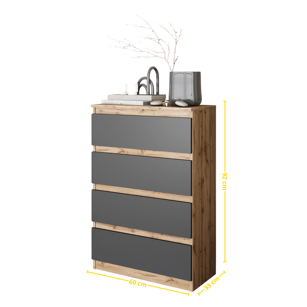 DANIEL Dressoir / Sideboard met 4 Laden – Wotan Eiken / Antraciet, MFC, H92 × B60 × D33 cm