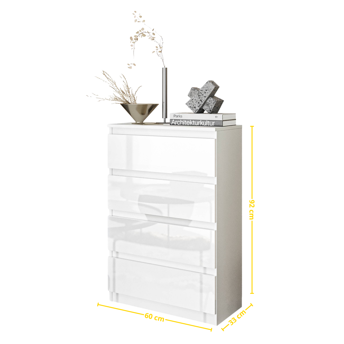 KIAN Dressoir / Sideboard met 4 Laden – Wit Mat / Wit Hoogglans, MFC, H92 × B60 × D33 cm