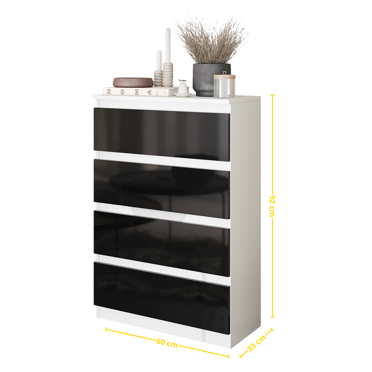HARMEN Dressoir / Sideboard met 4 Laden – Wit Mat / Zwart Hoogglans, MFC, H92 × B60 × D33 cm