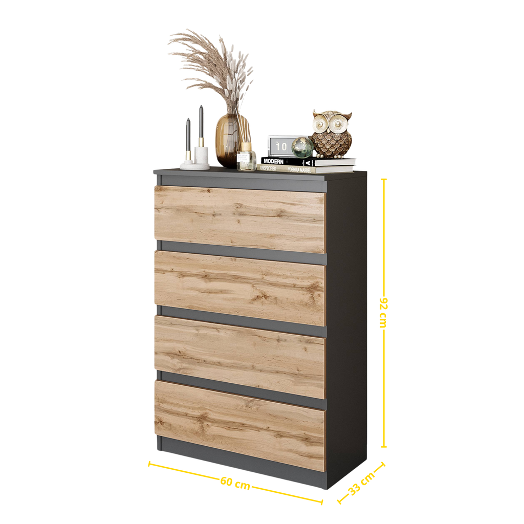 JILMER Ladekast 60 x 92 x 33 cm – Dressoir met 4 Lades, Antracietgrijs & Wotan Eiken, MFC