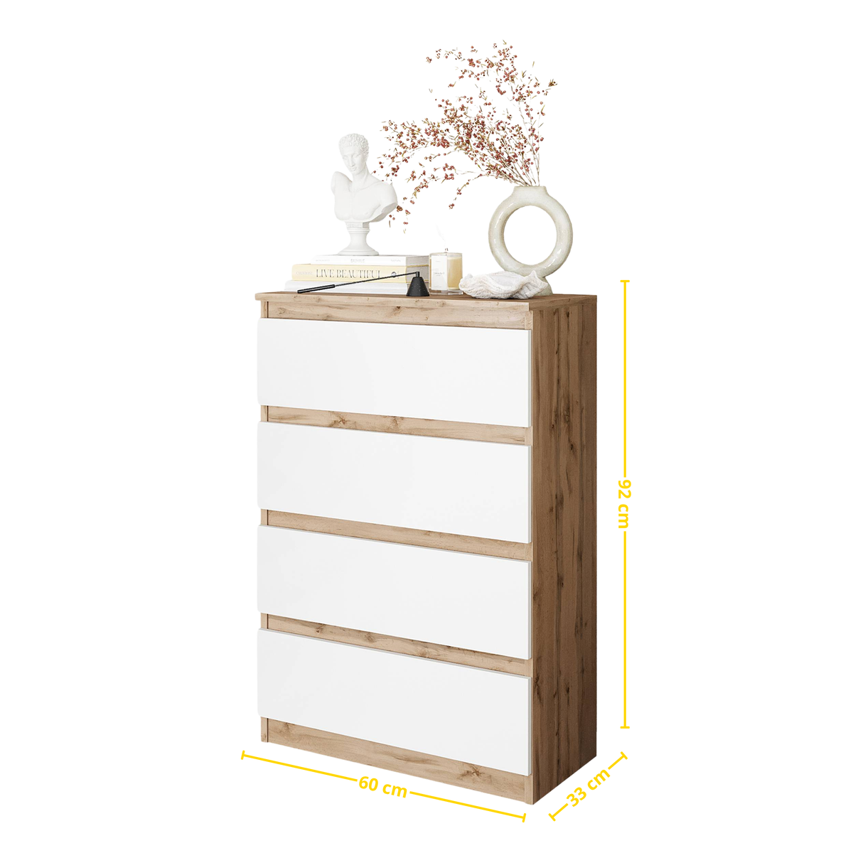 JASPER Dressoir / Sideboard met 4 Laden – Wotan Eiken / Wit Mat, MFC, H92 × B60 × D33 cm