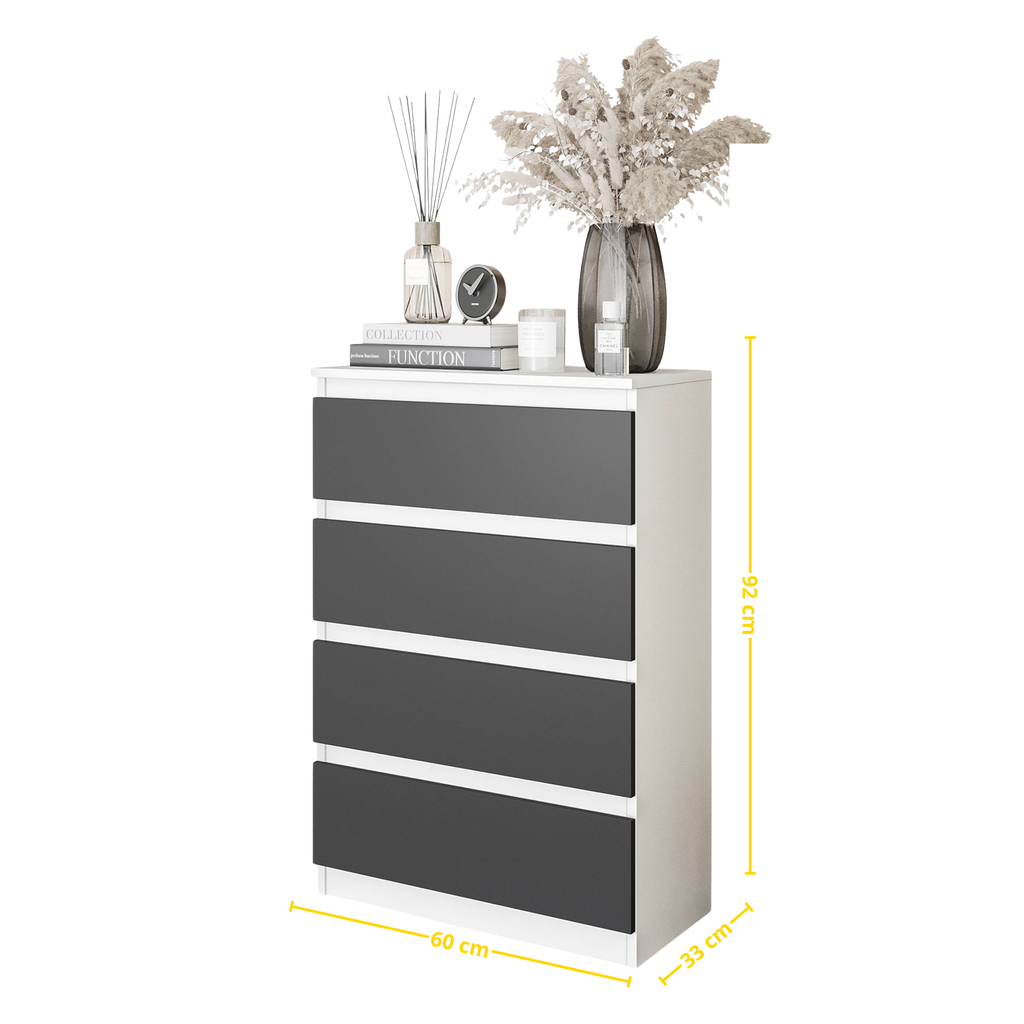NOAH Dressoir / Sideboard met 4 Laden – Wit Mat / Antraciet, MFC, H92 × B60 × D33 cm