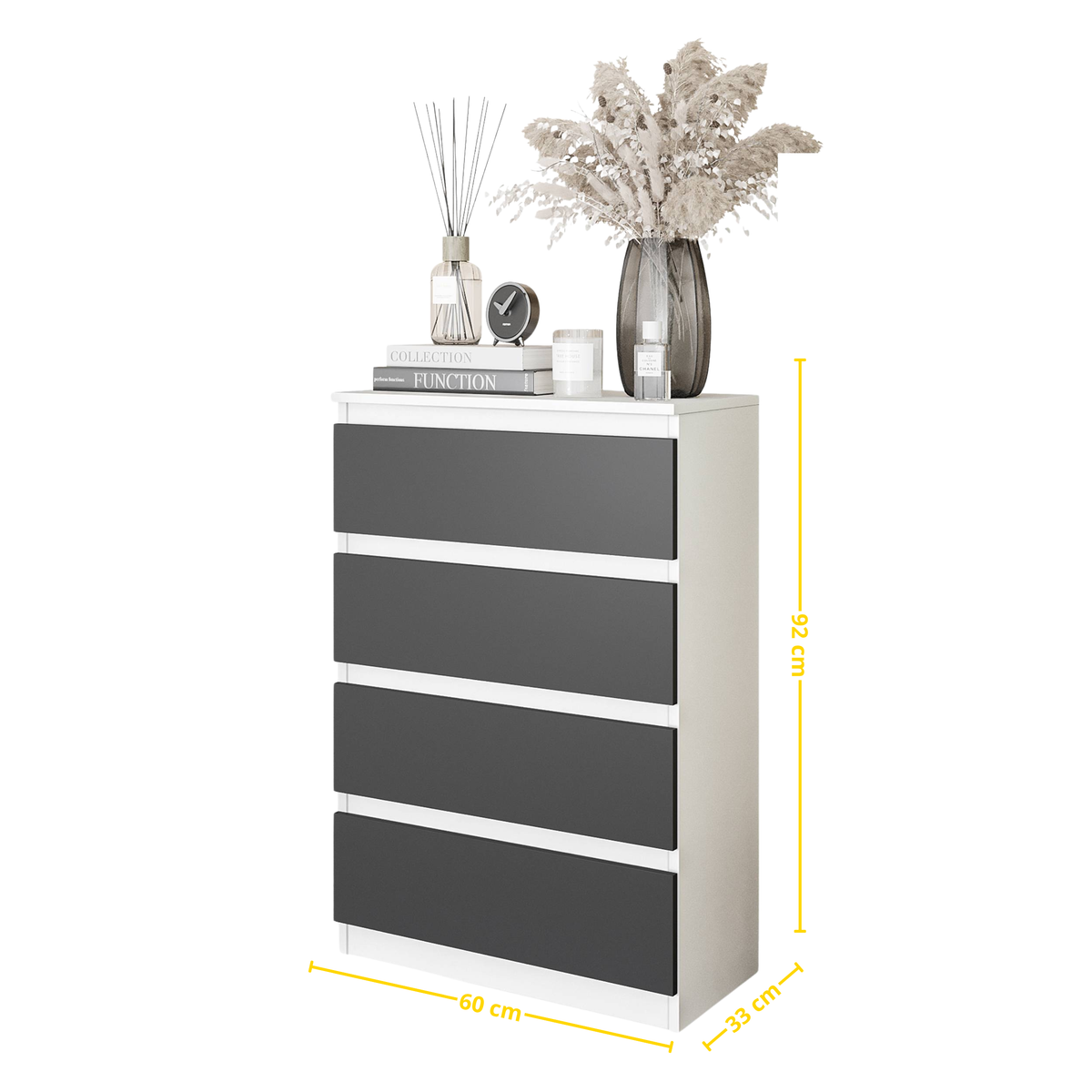 NOAH Dressoir / Sideboard met 4 Laden – Wit Mat / Antraciet, MFC, H92 × B60 × D33 cm