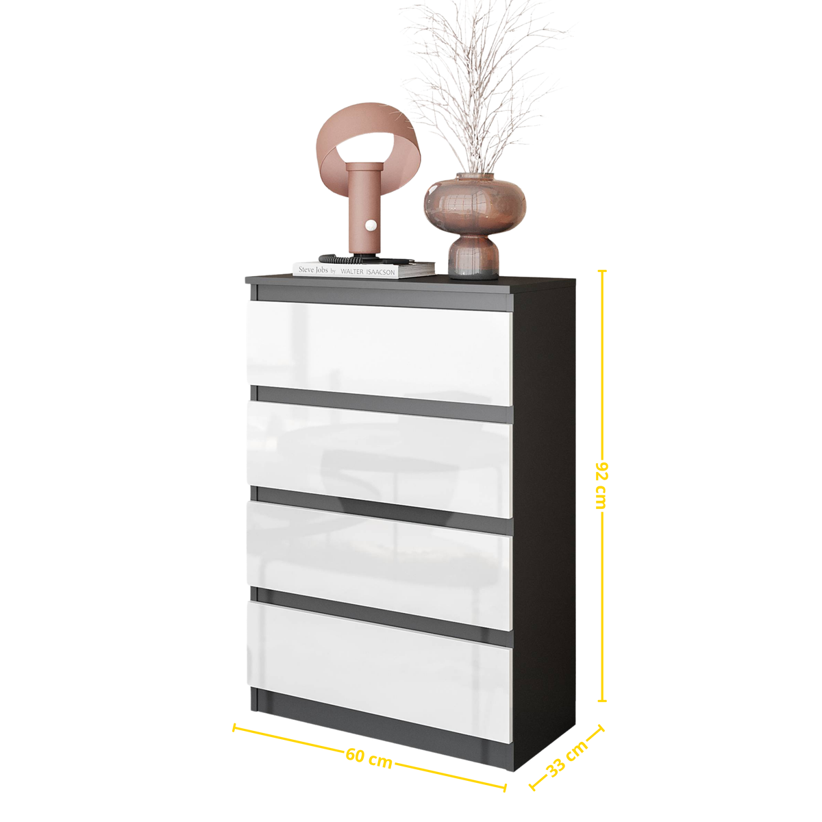 JOEL Dressoir / Sideboard met 4 Laden – Wit Mat / Antraciet, MFC, H92 × B60 × D33 cm