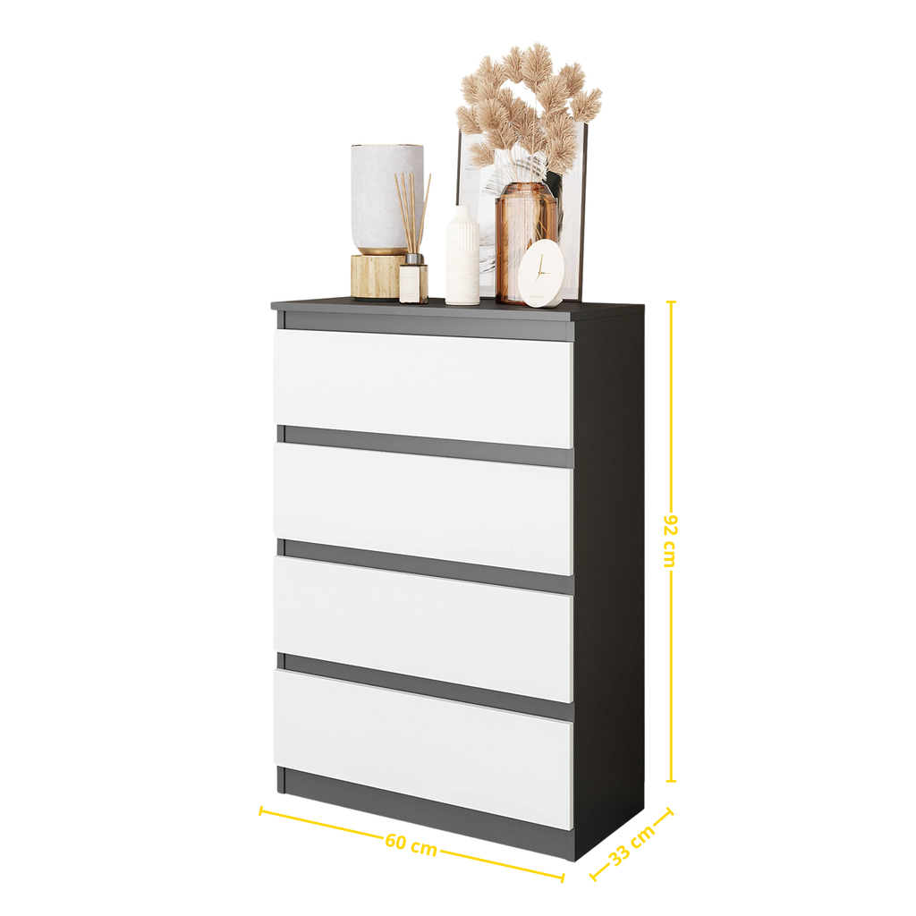 JOEL Dressoir / Sideboard met 4 Laden – Antraciet / Wit Mat, MFC, H92 × B60 × D33 cm