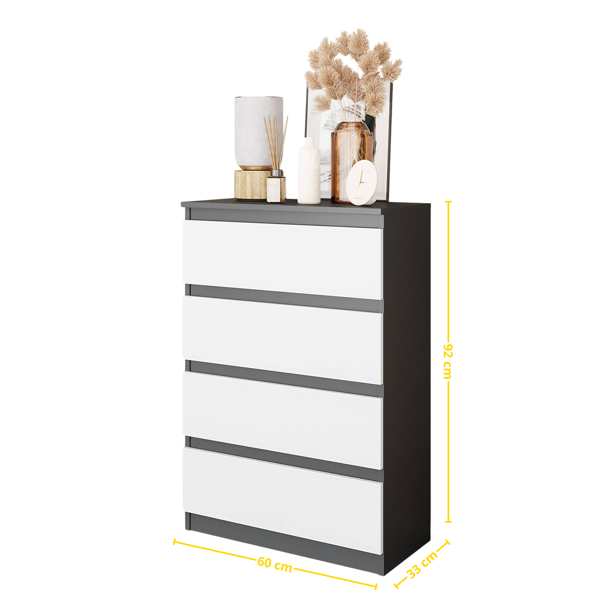 JOEL Dressoir / Sideboard met 4 Laden – Antraciet / Wit Mat, MFC, H92 × B60 × D33 cm