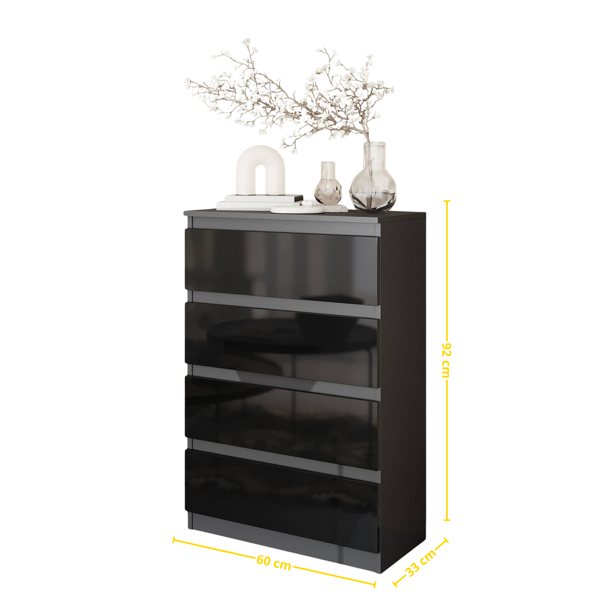 VINCENT Dressoir / Sideboard met 4 Laden – Antraciet / Zwart Hoogglans, MFC, H92 × B60 × D33 cm