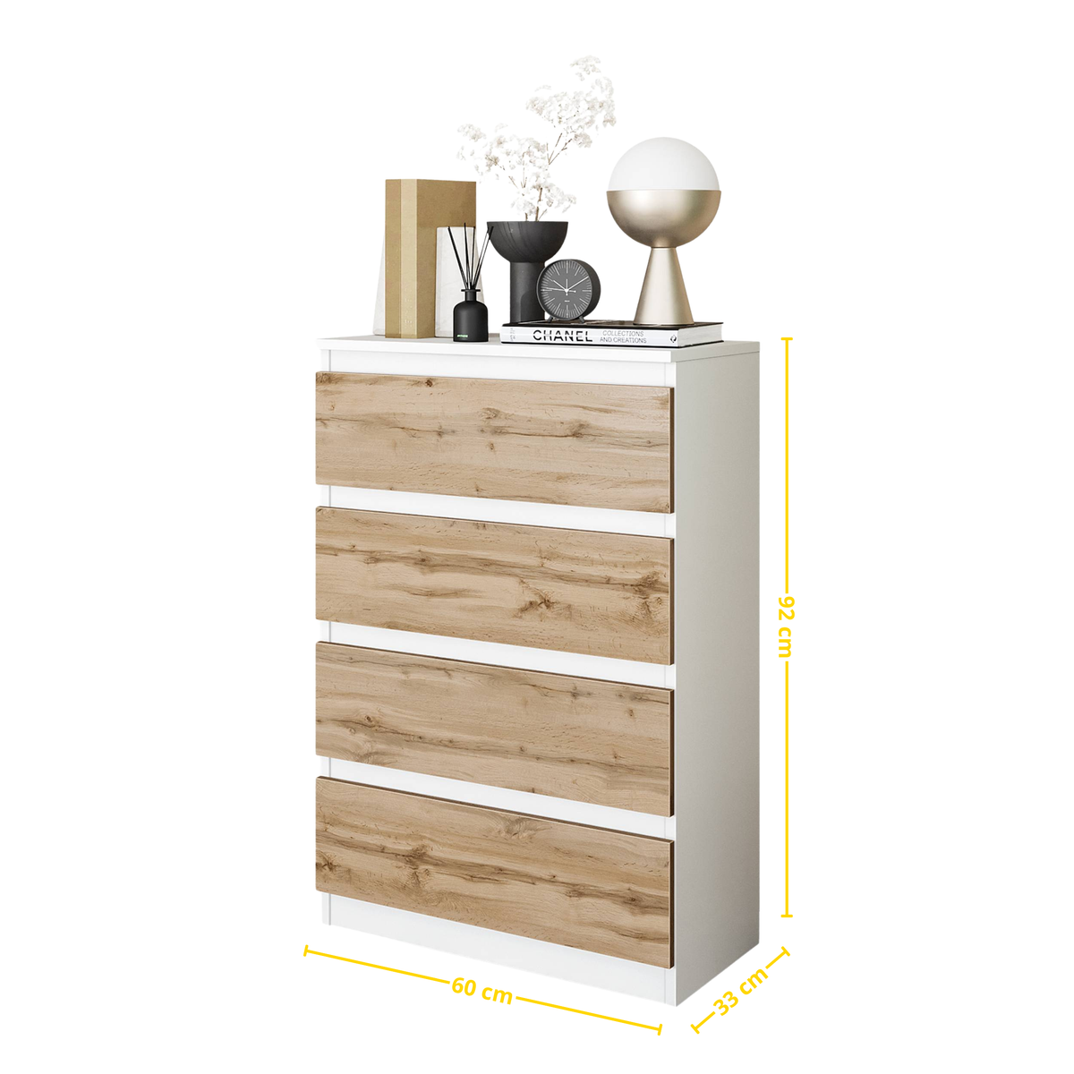 IGOR Dressoir / Sideboard met 4 Laden – Wit Mat / Wotan Eiken, MFC, H92 × B60 × D33 cm
