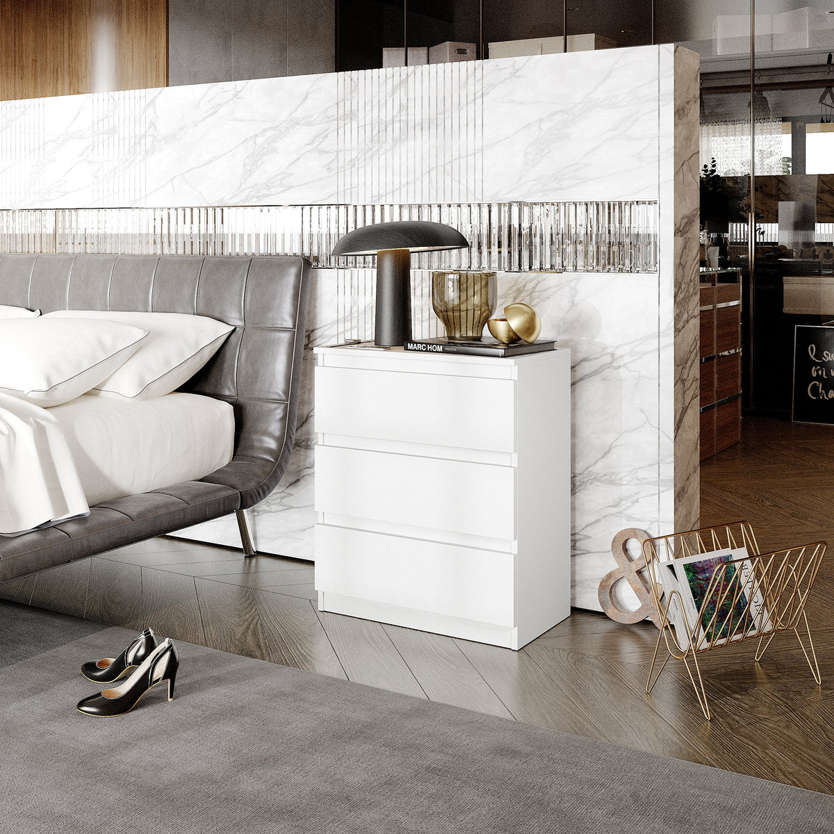 KARS Nachtkastje 60 x 72 x 33 cm – Nachtkast met 3 Lades, Mat Wit, MFC