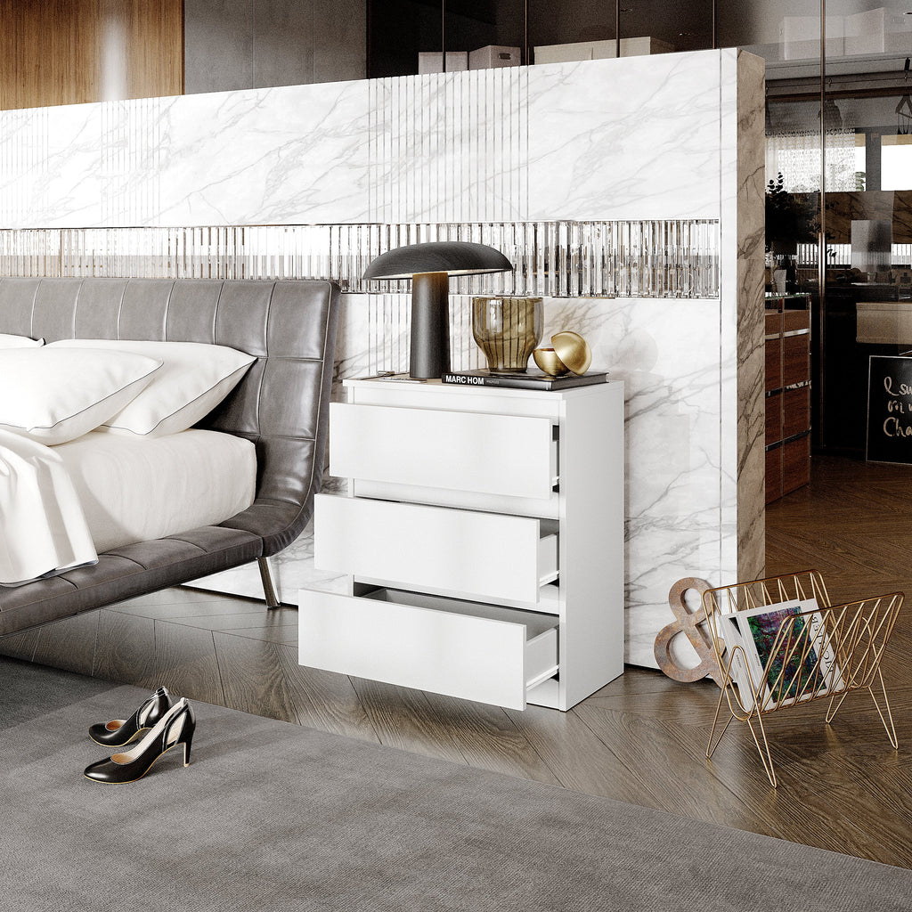 KARS Nachtkastje 60 x 72 x 33 cm – Nachtkast met 3 Lades, Mat Wit, MFC