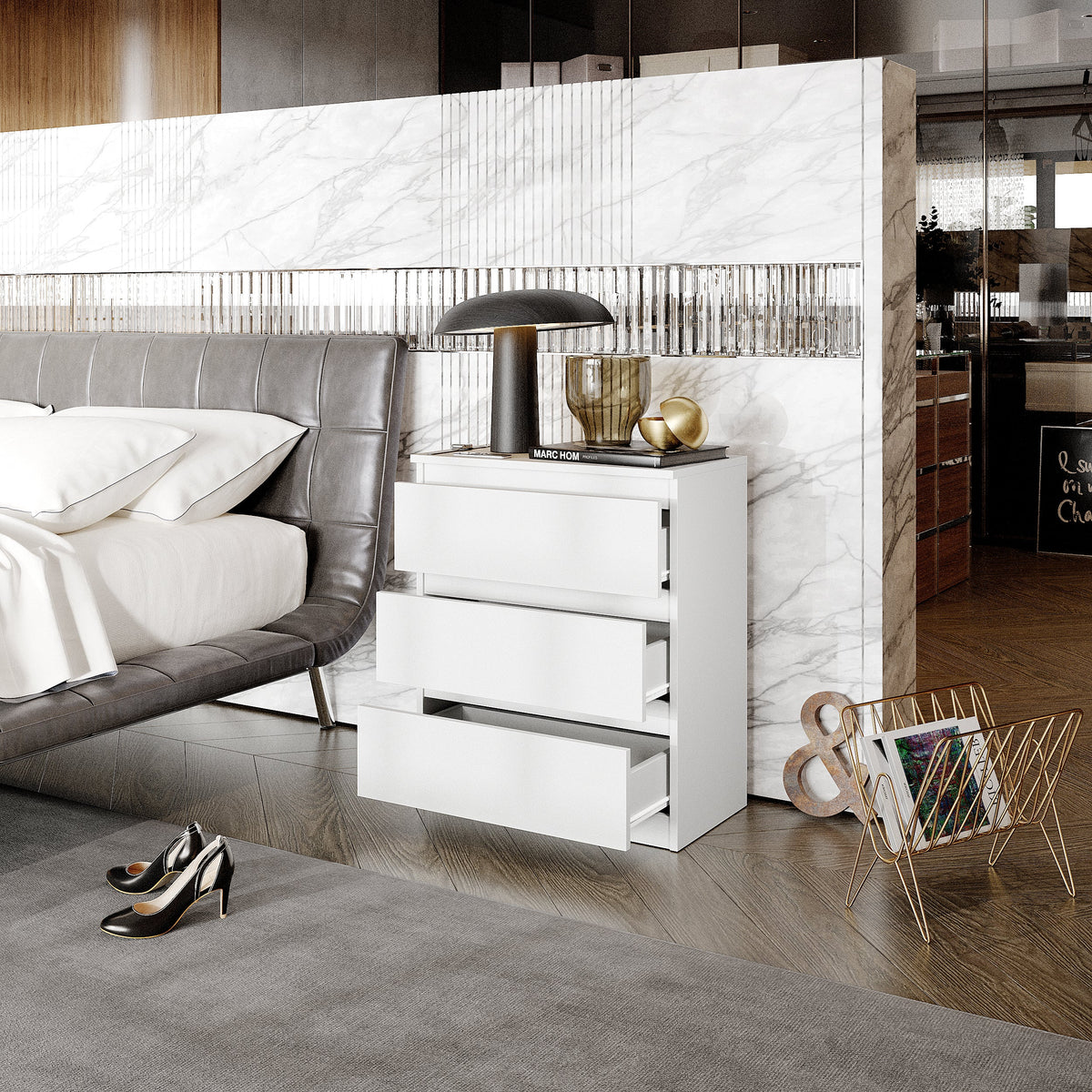 KARS Nachtkastje 60 x 72 x 33 cm – Nachtkast met 3 Lades, Mat Wit, MFC