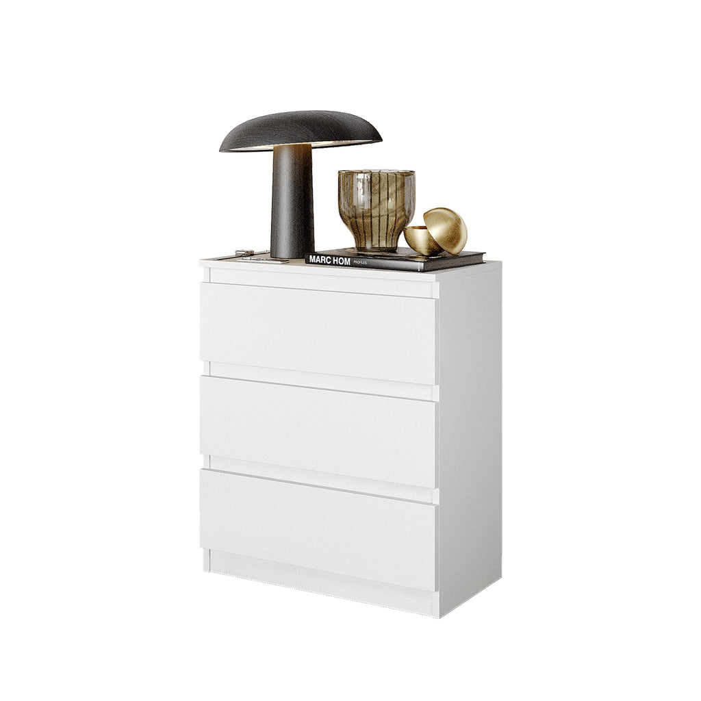 KARS Nachtkastje 60 x 72 x 33 cm – Nachtkast met 3 Lades, Mat Wit, MFC