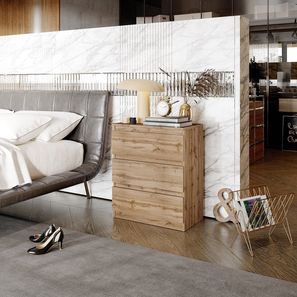 JILCO Nachtkastje 60 x 72 x 33 cm – Nachtkast met 3 Lades, Wotan Eiken, MFC