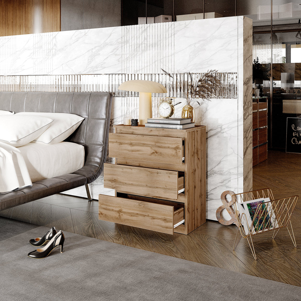 JILCO Nachtkastje 60 x 72 x 33 cm – Nachtkast met 3 Lades, Wotan Eiken, MFC